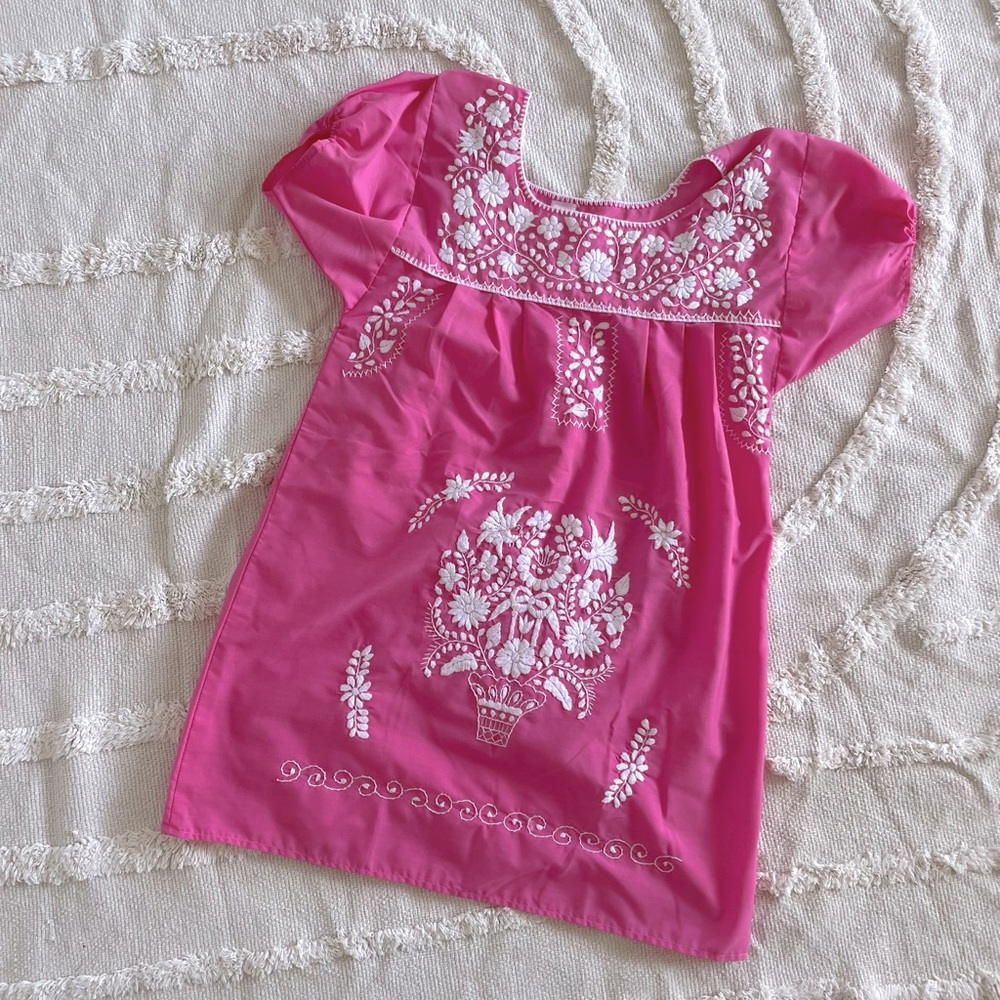 Mexican Fiesta Dress in Bright Pink w/ White Embroidery & Tailored Princess Slv
